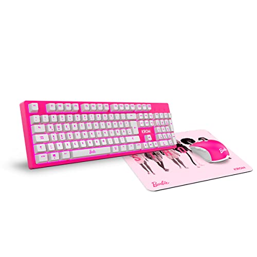 KROM Kit Tastatur, -Maus und -Mausunterlage Barbie Edition KANDY - Weiße LED-Membrantastatur, Maus optischem Sensor 6400 DPI, Mause-Matte hat eine Gummibasis, Deutsch layout, pink von KROM