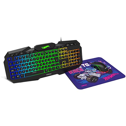 KROM Kit Tastatur, -Maus und -Mausunterlage Hot Wheels edition KUSTOM - LED RGB Membrantastatur, Maus optischem Sensor 7200 DPI, Mause-Matte eine Gummibasis, Spanisches layout, Schwarz von KROM