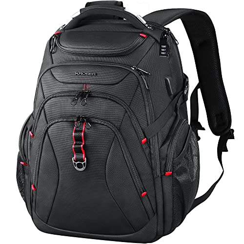 KROSER Laptop Rucksack 17,3 Zoll Reise XL BusinessRucksack Schwerlast Wasserdicht mit Hartgeschältem Sicherheitsraum Ladeanschluss RFID Tasche für Männer/Frauen-Schwarz MEHRWEG von KROSER
