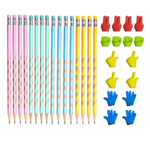 KRYMSON 16 Stück HB-Bleistifte für Kinder, 16 Stück Fingerradierer, dreieckige Bleistifte, Bleistifte mit Radiergummi, Lochkorrekturstifte, geeignet zum Schreiben und Zeichnen von KRYMSON