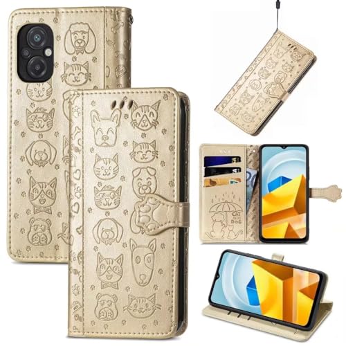 KRjcsfhy Lederhülle Handyhülle für Vivo S20 Hülle Leder, für Vivo S20 Katze Hund Klapphülle, Vivo S20 Wallet Silikon Schutzhülle, Handytasche für Vivo S20 Tasche Golden von KRjcsfhy
