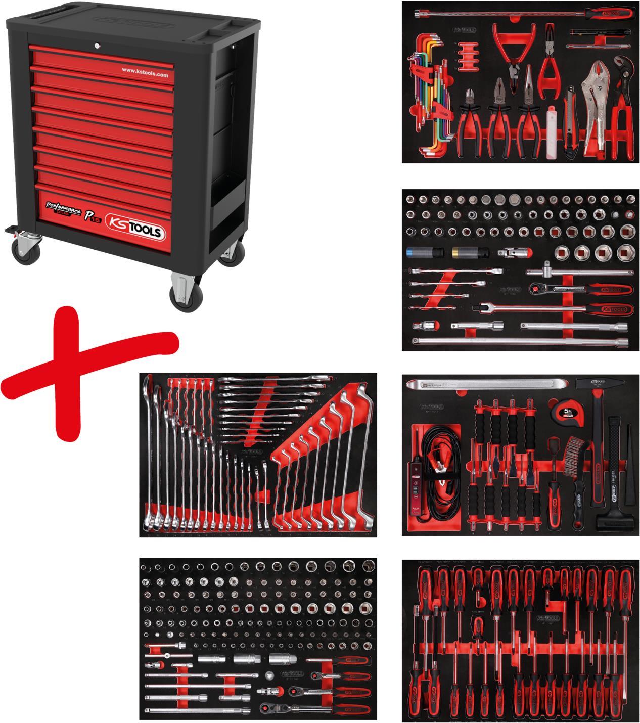 KS TOOLS Werkzeuge-Maschinen GmbH Performanceplus Werkstattwagen-Satz P15 mit 338 Werkzeugen für 6 Schubladen (815.6338) von KS TOOLS