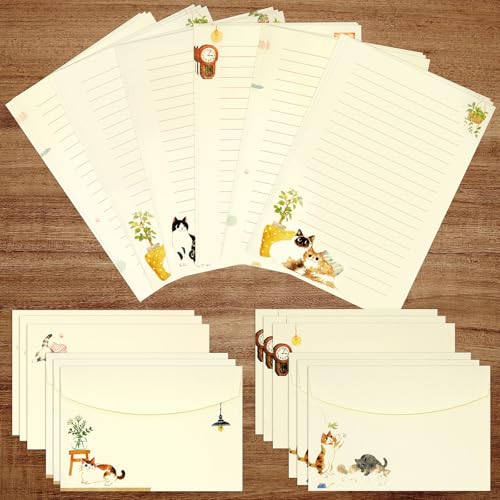 Briefpapier und Umschläge, warmes, niedliches Katzenmotiv, Schreibwaren-Set für Einladungen, Geschenke, Dekorationen, Urlaub, Party, 24 linierte Schreibwaren mit 12 Umschlägen, 36-teilig Briefpapier und Umschläge, warmes, niedliches Katzenmotiv, Schreibwaren-Set für Einladungen, Geschenke, Dekorationen, Urlaub, Party, 24 linierte Schreibwaren mit 12 Umschlägen, 36-teilig von KSIWRE