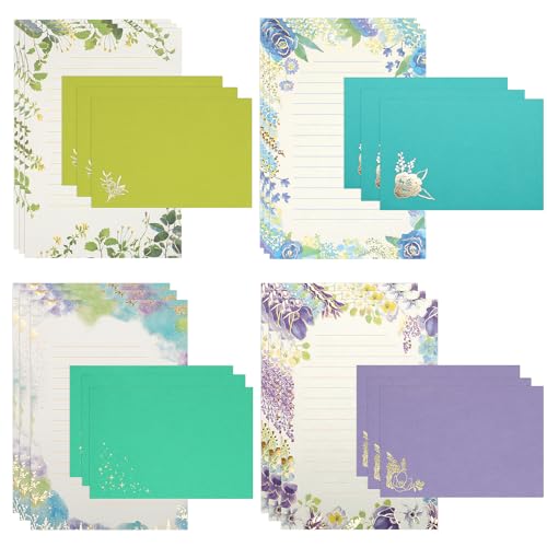 KSIWRE Briefpapier-Set, 24 Goldfolien-Stempelpapiere mit 12 Umschlägen, niedliches liniertes Schreibpapier, ideal für Liebesbriefe, Urlaubswünsche, Einladungen von KSIWRE
