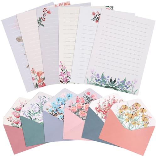 KSIWRE Briefpapier und Umschläge, warmes Blumenmotiv, Schreibwaren-Set für Hochzeitseinladungen, Wünsche, 24 linierte Schreibwaren mit 12 Umschlägen, 36-teilig von KSIWRE