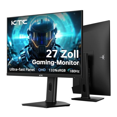 KTC Gaming Monitor 27 Zoll, 2K (2560 x 1440p) 180Hz 144Hz WQHD Monitor mit Fast-IPS Panel, 1ms GtG, HDR 400, G-Sync, FreeSync, 450 cd/m² Helligkeit, HDMI, DisplayPort, Heben und Drehen unterstützen von KTC