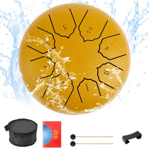 Stahlzungentrommel D dur 6-Zoll 8 Töne Regentrommel für Garten mit Tutorial Rain Drum Outdoor mit Trommelstöcke Chakra ätherische Trommel Steel Tongue Drum Handtrommel für Meditation Yoga (Gold) von KTCINA