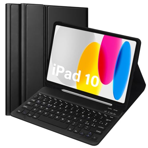 KTOITION Bluetooth-Tastatur Hülle für iPad 11. Generation 2025 (A16) und 10. Generation 2022 | Stifthalterung (nur Steckplatz) | Abnehmbares Design | Italienisch QWERTY | 11 Zoll 10,9 Zoll (Schwarz) von KTOITION