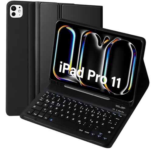 KTOITION Hülle mit Tastatur für iPad Pro 11" 5.Gen (2024) – Abnehmbare QWERTZ Bluetooth-Tastatur mit Stiftdock, Weiche TPU-Schutzhülle & Magnetischem Klappdeckel – Schwarz von KTOITION