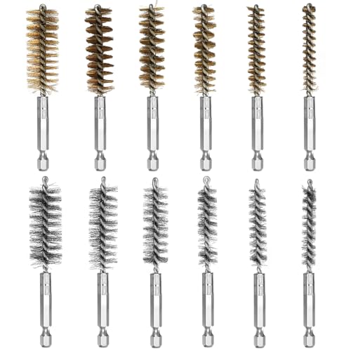 12 Drahtbürste Bohrmaschine Set: 6 Edelstahlbürste Akkuschrauber & 6 Kupferbürsten, Zylinder-Drahtbürste Rund mit Sechskantstange, Lochbürste für Polier Schleifen Entrosten(8/10/12/15/ 17/19mm) von KTPCN