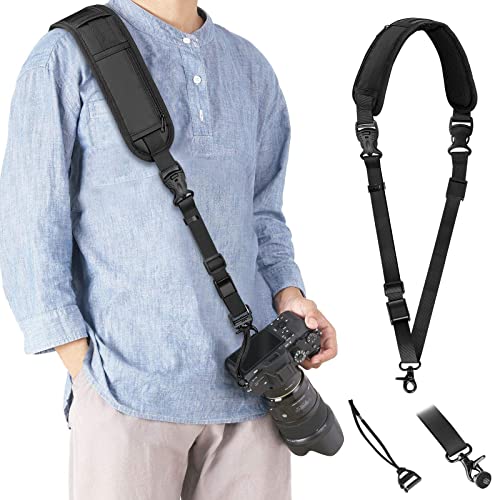 KTUEOV Kameragurt, Schnellverschluß Kamera Schultergurt Nylon Schwarz mit Sicherheits Tether 1/4 Zoll Schrauben und 2 Tasche, Verstellbaren Kamera Tragegurt Schnell für DSLR SLR, Traggewicht 10kg von KTUEOV