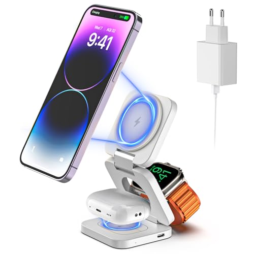 KU XIU 3 in 1 Kabellose Ladestation, Faltbarer magnetischer Ladeständer für iPhone 15/14/13/12 Pro/Plus/Pro Max/Mini, 5W Schnellladegerät für Apple Watch7/6/5/4/3/2/SE, für Airpods3/2/Pro (Weiß), X55 von KU XIU