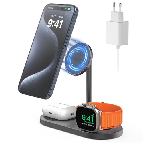 KU XIU X23 Pro Wireless Charger für Magsafe Ladegerät, 3 in 1 Ladestation Apple Watch und iPhone Kompatibel mit iPhone 15/14/13/12, für AirPods Pro und Apple Watch 8/7/6/5/4/3/2 mit 35W Fast Adapter von KU XIU