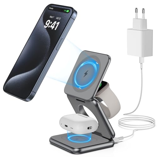 KU XIU X40 Aluminium 3 in 1 Faltbar Ladestation Magnetische für iPhone 15 14 13 12 Pro/Max/Plus, 15W Wireless Ladegerät Kompatibel mit iWatch Ultra/8/SE/7/6/5/4/3/2 Air-Pods Pro/2/3 (Gray) von KU XIU