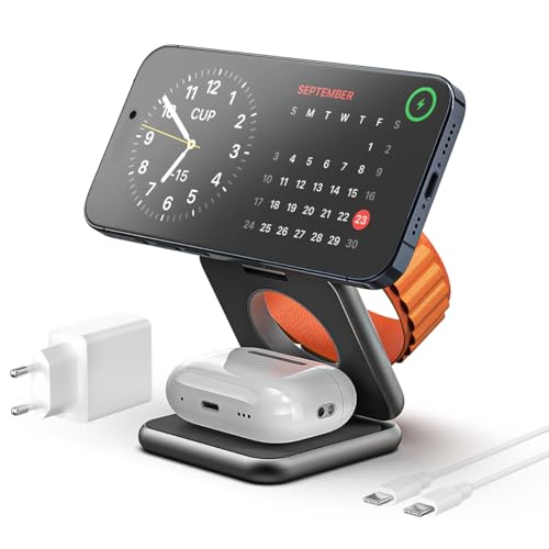 KU XIU X40 Aluminium 3 in 1 Faltbar Ladestation Magnetische für iPhone 15 14 13 12 Pro/Max/Plus, 15W Wireless Ladegerät Kompatibel mit iWatch Ultra/8/SE/7/6/5/4/3/2 Air-Pods Pro/2/3 (Gray) von KU XIU