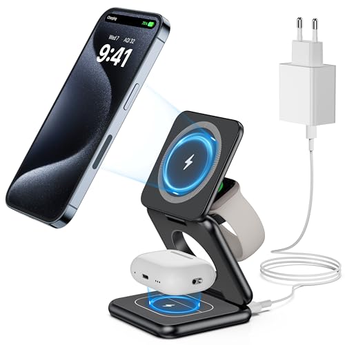 KU XIU X40 Aluminium 3 in 1 Faltbar Ladestation Magnetische für iPhone 15 14 13 12 Pro/Max/Plus, 15W Wireless Ladegerät Kompatibel mit iWatch Ultra/8/SE/7/6/5/4/3/2 Air-Pods Pro/2/3 (Schwarz) von KU XIU