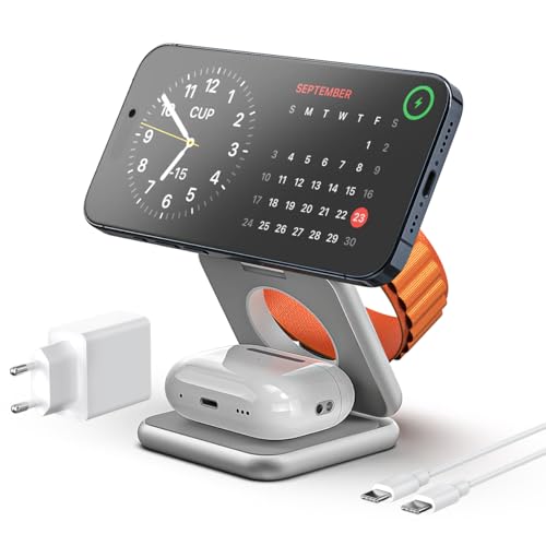 KU XIU X40 Aluminium 3 in 1 Faltbar Ladestation Magnetische für iPhone 15 14 13 12 Pro/Max/Plus, 15W Wireless Ladegerät Kompatibel mit iWatch Ultra/8/SE/7/6/5/4/3/2 Air-Pods Pro/2/3 (Silber) von KU XIU