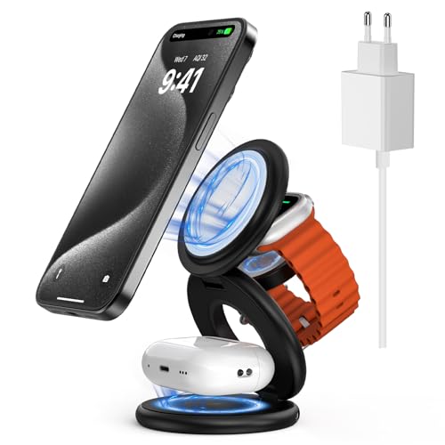 KU XIU X63 Induktive Ladestation 3-in-1, magnetisches klappbares kabelloses Ladegerät für iPhone 15/14/13/12 Pro Max, Apple Watch und AirPods - Schwarz von KU XIU
