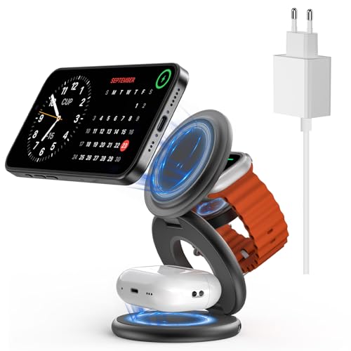 KU XIU X63 3-in-1 kabellose Ladestation, magnetisches klappbares induktives Ladegerät für iPhone 15/14/13/12 Pro Max, Apple Watch und AirPods - Grau von KU XIU