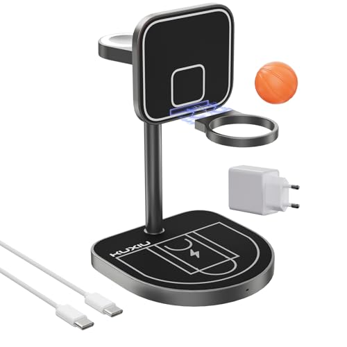 KU XIU X85 Magnetische Ladestation 3-in-1 – Induktive Kabellose Ladestation für iPhone 16/15/14/13/12, 5W für Apple Watch 10/9/8/7/Ultra, 5W für AirPods 4/3/2, Fun-Basketball-Design - Schwarz von KU XIU