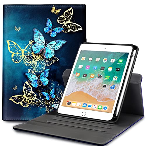 KUAELEN Schutzhülle für iPad 2021 (25,9 cm), Smart iPad 9. / 8. / 7. Generation mit Stifthalter, um 360 Grad drehbar, blauer Schmetterling von KUAELEN