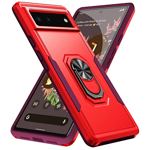 KUAWEI für Google Pixel 6 Hülle，Google 6 Protection, 360 Grad Ring Halter Handy Hüllen Cover Mit Ständer Funktion und Auto Halterung Funktion für Google Pixel 6 (Rot) von KUAWEI