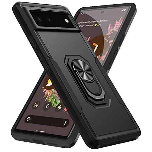 KUAWEI für Google Pixel 6 Hülle，Google Protection, 360 Grad Ring Halter Handy Hüllen Cover Mit Ständer Funktion und Auto Halterung (Schwarz), GP65G-KTZ-BLACK-001 von KUAWEI