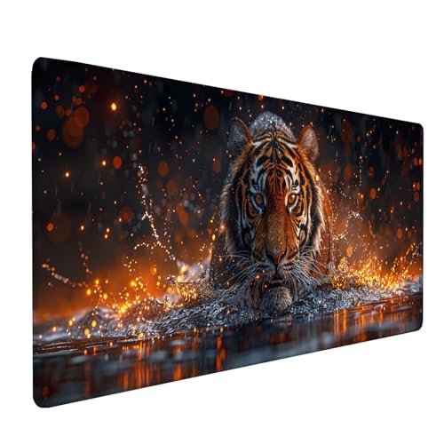Gelb Mousepad XXL, Tiger Mauspad Groß 1000x500 mm, Schreibtischunterlage mit Vernähten Kanten, Wasserdicht Rutschfest Spezielle Oberfläche Mouse Pad, Mauspads für Zimmer Deko Gaming Zubehör S-6151 von KUEAJIOU
