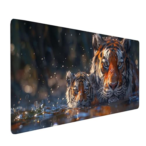 GrüN Mousepad XXL, Tiger Mauspad Groß 900x400 mm, Schreibtischunterlage mit Vernähten Kanten, Wasserdicht Rutschfest Spezielle Oberfläche Mouse Pad, Mauspads für Zimmer Deko Gaming Zubehör 5-6429 von KUEAJIOU