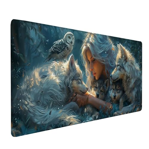Weiß Mousepad XXL 900x400 mm, Wolf Mousepad Gaming, Schreibtischunterlage mit rutschfeste Gummibasis, Mouse Pad Verbessert Geschwindigkeit und Präzision, Desk Mat für Gaming Zubehör, Geschenke Y-3075 von KUEAJIOU