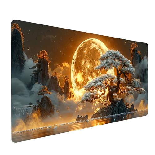 Mauspad Mond, Baum Mousepad XXL 600 x 300 mm, Schreibtischunterlage mit rutschfeste Gummibasis, Gaming Mauspad Verbessert Präzision und Geschwindigkeit, Gaming Zubehör, Geschenke für Frauen Z-2175 von KUEGDUNG