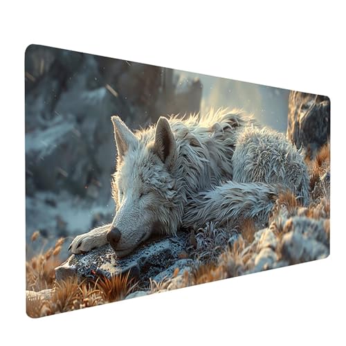 Weiß Mousepad, Wolf Mauspad XXL 800 x 300 mm, Schreibtischunterlage mit Vernähte Kanten, Mauspad Gaming Verbessert Präzision und Geschwindigkei, Schreibtisch Zubehör, Geschenke für Frauen 7-4130 von KUEGDUNG