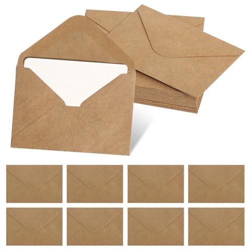 Kraftpapier Umschläge, 100 Stück Braun Briefumschläge mit 100 Stück Blatt Blanko Papier Karten Mini Briefumschläge, Klein Umschläge Umschläge Faltkarten für Geldgeschenke Dankeskarten Einladung von KUHAWL