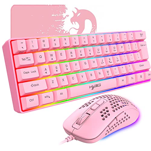 60% kabelgebundene kompakte Gaming-Tastatur 61 Tasten 11 Full Key RGB-Hintergrundbeleuchtungseffekte Anti-Ghosting + kabelgebundenes Licht Gamng-Maus Optische Wabenmaus + Mauspad von KUIYN