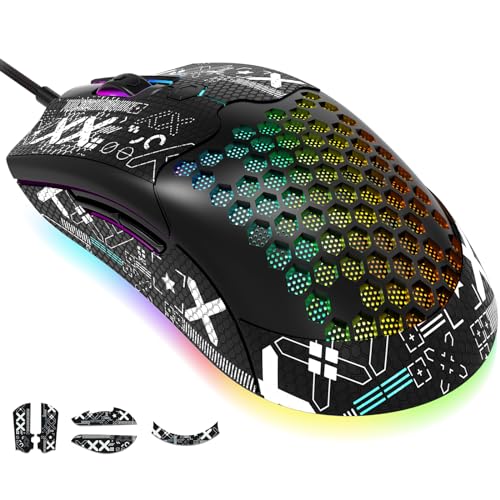 KUIYN 383 PRO M5 Ultraleichte kabelgebundene Gaming-Maus, leichte Wabenschale, Pixart PAW3325, 6 einstellbare DPI 12000, 26 RGB-atmende Mäuse mit Hintergrundbeleuchtung, 65 g, optische USB-Mäuse Model von KUIYN