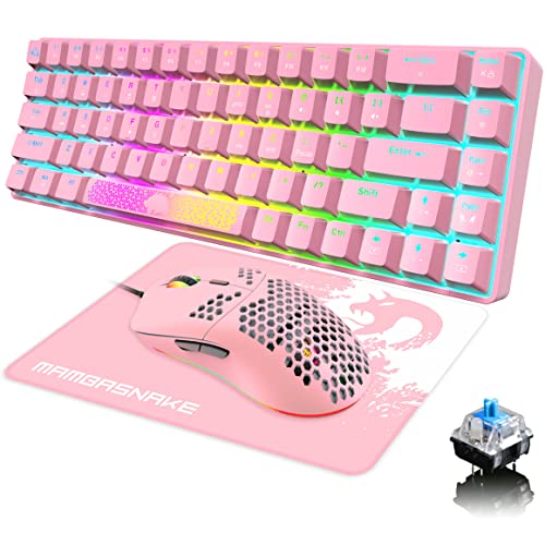 KUIYN 60% Kompakte Mechanische Gaming-Tastatur 18 RGB-Licht Typ-C verkabelt 68 Tasten Anti-Ghosting + optische Waben-Gaming-Maus 6400 DPI + Mauspad-Set, für PC/Windows/Laptop/Mac Rosa/Blauer Schalter von KUIYN