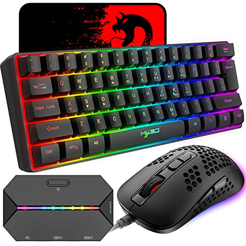 KUIYN 60% kabelgebundene kompakte Gaming-Tastatur, 61 Tasten, 11 RGB volle Tasten, Anti-Ghosting + leichte Gaming-Maus, 2400 DPI, optische Maus mit Wabenmuster, Adapter für PS4/Xbox-Gamer, Schwarz von KUIYN