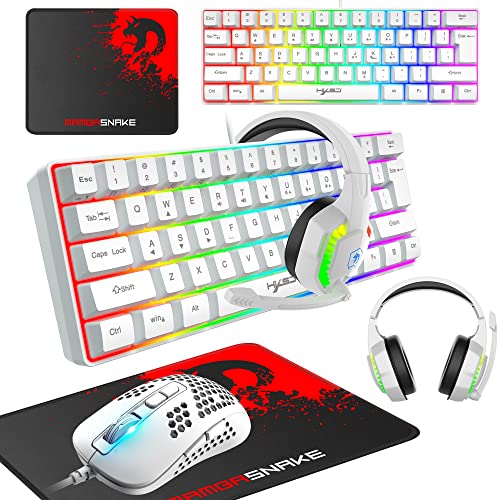 KUIYN Gaming-Tastatur, 60% kabelgebunden, kompakt, 61 Tasten, 11 RGB-Effekte mit vollen Tasten, Anti-Ghosting, kabelgebundene leichte Gamng-Maus, 2400 DPI, optische Wabenmaus, RGB-Headset und Mauspad von KUIYN