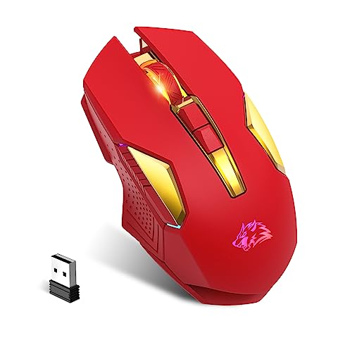 KUIYN Kabellose 2,4-G-Gaming-Maus, wiederaufladbare, ultralange Akkulaufzeit, 7-farbiges LED-Licht, 2400 DPI, energiesparender, leiser klick USB Empfänger, G503 Model O für PC, PS4, Xbox (Rot) von KUIYN