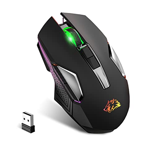 KUIYN X18 Kabellose Gaming-Maus 2,4 G, wiederaufladbar, 600 mAh Lange Lebensdauer, 7 RGB-Lichter, 2400 DPI, intelligente Energieeinsparung, leises Klicken, USB-Empfänger, optisch, für PC/Mac/PS4/XBOX von KUIYN