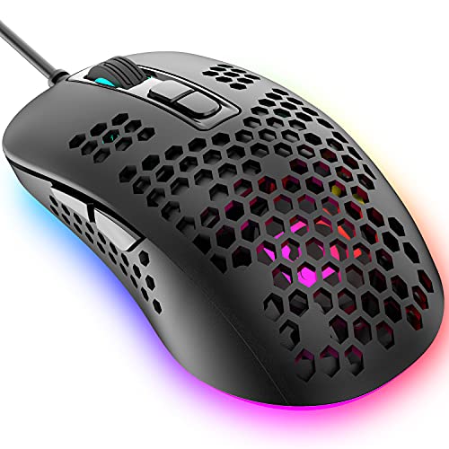 Ultraleichte kabelgebundene Gaming-Maus, Model O ergonomisches, leichtes Wabenschalen-Design, 4 Arten von RGB-Mäusen mit Hintergrundbeleuchtung, 4 einstellbare DPI 2400, optische USB-Mäuse (Schwarz) von KUIYN