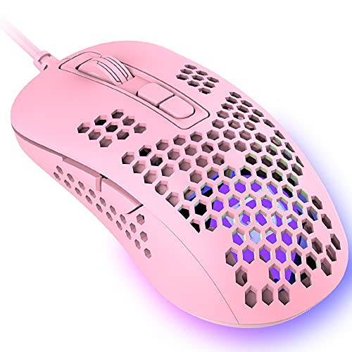 Ultraleichte kabelgebundene Gaming-Maus, ergonomisches, leichtes Wabenschalen-Design, 4 Arten von RGB-Mäusen mit Hintergrundbeleuchtung, 4 einstellbare DPI bis zu 2400, optische USB-Mäuse (Rosa) von KUIYN