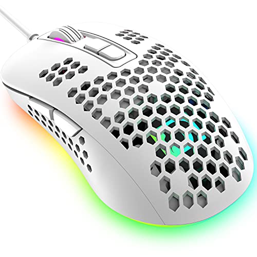 Ultraleichte kabelgebundene Gaming-Maus, ergonomisches, leichtes Wabenschalen-Design, 4 Arten von RGB-Mäusen mit Hintergrundbeleuchtung, 4 einstellbare DPI bis zu 2400, optische USB-Mäuse (weiß) von KUIYN