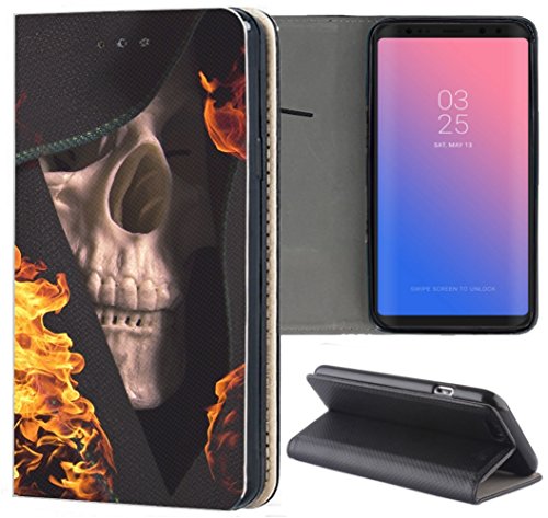 KUMO Handyhülle für Samsung Galaxy A50 Hülle Motiv 1062 Totenkopf Skull Flammen aus Kunstleder Schutzhülle Smart Flipcover HandyCase Handyhülle für Samsung Galaxy A50 von KUMO