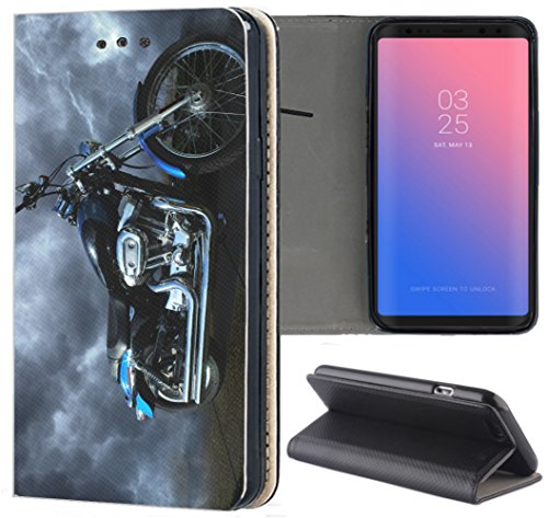 KUMO Handyhülle für Samsung Galaxy S7 Hülle Motiv 1058 Motorrad Schwarz Blau Silber aus Kunstleder Schutzhülle Smart Flipcover HandyCase Handyhülle für Samsung Galaxy S7 von KUMO