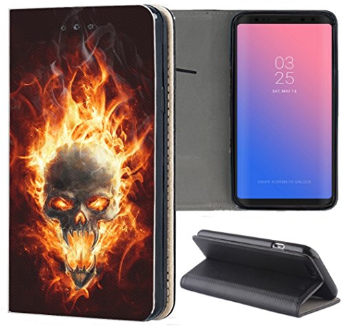 KUMO Hülle für Huawei P Smart Cover 2019 Handyhülle Motiv 1095 Totenkopf Skull Feuer aus Kunstleder Schutzhülle Smart Cover Klapphülle Handy Case Hülle für Huawei P Smart Cover 2019 von KUMO