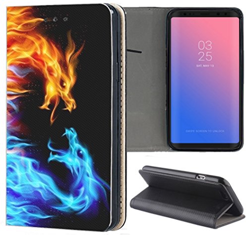 KUMO Hülle für Huawei Y6 2019 Handyhülle Design 198 Drachen Feuer Schwarz Blau Rot Gelb aus Kunstleder Schutzhülle Smart Cover Klapphülle Handy Case Hülle für Huawei Y6 2019 von KUMO