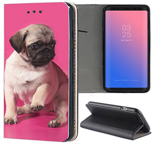 KUMO Hülle für Samsung Galaxy A40 Handyhülle Design 1549 Mops Welpe Hund Pink Braun aus Kunstleder Schutzhülle Smart Cover Klapphülle Handy Case Hülle für Samsung Galaxy A40 von KUMO