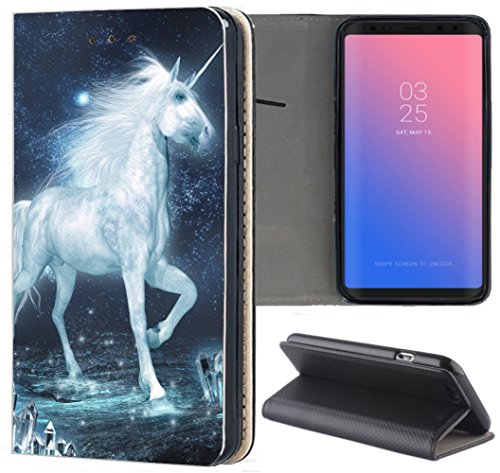 KUMO Hülle für Samsung Galaxy Grand Prime Handyhülle Design 1470 Einhorn Pferd Fantasy Blau Weiß aus Kunstleder Schutzhülle Smart Cover Klapphülle Handy Case Hülle für Samsung Galaxy Grand Prime von KUMO