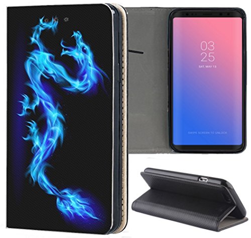 KUMO Hülle für Samsung Galaxy S9 Plus Handyhülle Design 130 Drache Dragon Blau Schwarz aus Kunstleder Schutzhülle Smart Cover Klapphülle Handy Case Hülle für Samsung Galaxy S9 Plus von KUMO